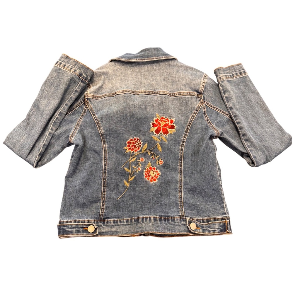 Romantic Floral Embroidered Western Cottagecore Denim Jean Jacket Stretch Sz M - Picture 2 of 13